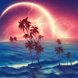 1980's vaporwave aesthetic palm trees with lightning with lunar eclipse in the ocean waves sunset