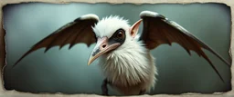 3d airbrush render, white fluffy magpie elf vampire alien dodo , pinhole cam, airbrush 3d rendering, in the style of Titian and Dali , torn edges on border