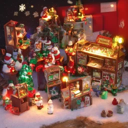 miniature christmas scene arcade games dark room