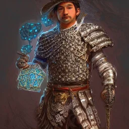 Insanely detailed photograph of a D&D sword sheathed chainmail warrior “male mariachi holding glowing D20” with intricate detailed Sombrero, intricate charo, hyperdetailed painting by Ismail Inceoglu Huang Guangjian and Dan Witz CGSociety ZBrush Central fantasy art album cover art,8K, hdr, mysterious, flickeringlights ,Stoic