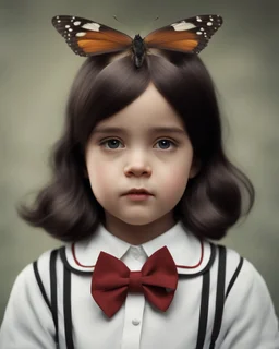 Hyperrealistic photograph of Mafalda in real life, with a bowtie or butterfly type bow on her head. Straight hair. (((Whole body)))