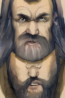 portrait, watercolour, illustration, dnd, fantasy, dwarf, beard, square face, ghost, ethereal, blue skin, glowy skin, see-through, angry