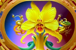 1512857901 hypersigil photograph of a beautiful yellow and red orchid in a clear glass rococo inspired vase on a mirrored deco themed end table in a shadowy corner of a nouveau era room with wood paneling in the style of Robert maplethorpe, tropical birds, lizards, snakes, insects, gorgeous, shamanic, ethereal, photorealistic, embellishments, long shot, wide shot, dof, deep focus, 3d render