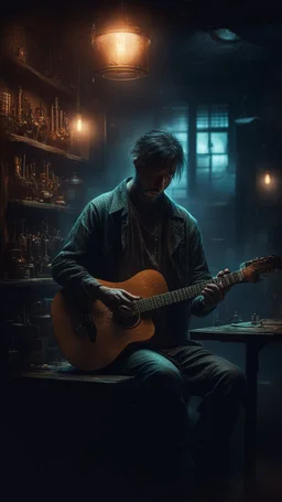 Si-Fi,a prisoner sitting behind bar playing the guitar, atmospheric lighting effects, intricate industrial details, moody atmosphere, eerie grimdark ambiance, complex motherboard accents, speculative fiction art. Bokeh