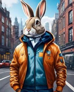 Conejo antropomorfico con chaqueta, Jens, tennis y gorra en la ciudad, arte de ilustración, calidad ultra, hiperdetallado, maximalista, increíble obra de arte, 12k