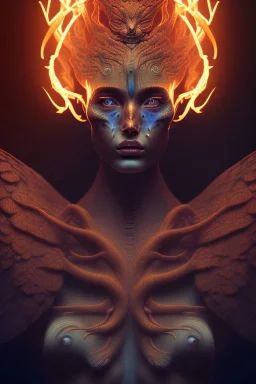 portrait photography of an ethereal beautiful animal goddess, Fire theme art, Dark moody night atmosphere, Portrait of a man by Michelangelo, 8K, close-up face, anatomically perfect face, oak tree roots, ignore NSFW