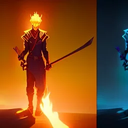 yellow king with a sword facing up and down, both hands on the sword, the right side of the king is flaming with a blue flame, the left side of the king is flaming with a red flame