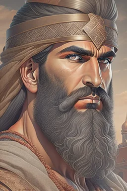 Mesopotamian warrior, expression serious, aura, portrait, background Mesopotamian city, comic style, long beard,