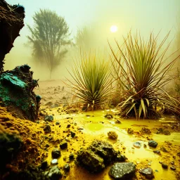 A striking quality Kodak photograph captures a wasteland with liquid and group of monstrous plants, creepy, details of the dust very accentuated, glossy organic mass, adorned with minerals and rocks. Bathed in intense light, eerie, Max Ernst style, Amano, Audubon, yellow sun, fluids, fog, bkue eyes, paranoic, obsessive, blurred, volumetric light