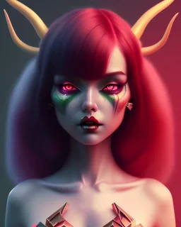 isometric art of a cute short Demon women with black antlers, deep blood red hair and green eyes, dark lighting, soft pastel gradients, high definition, 3d icon clay render, blender 3d