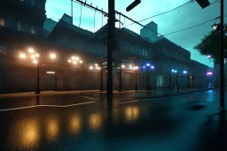  police station across the street from cocktail bar,road, atmospheric ,night lighting,rainy, realistic, unity engine, cinematic lighting, octane render.