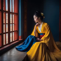 a woman in a yellow dress sitting by a window, photography award photo, rodney mathews, hanfu, inspired by Hendrick Terbrugghen, enchanted dreams. instagram, red yellow blue, inspired by Leopold Gottlieb, blue wall, author unknown, david burnett, spring light, lost place photo, julia hill