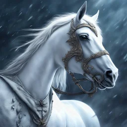 A white horse ,digital art, by Nikita Veprikov, fantasy barco naufragado pintura a óleo art,closeup portrait shot, 3d render, winter concept art, high fashion fantasy, high quality fantasy stock photo, centered elven, shot with Sony Alpha a9 Il and Sony FE 200-600mm f/5.6-6.3 G OSS lens, natural light, hyper realistic photograph, ultra detailed -ar 3:2 -q 2 -s 750