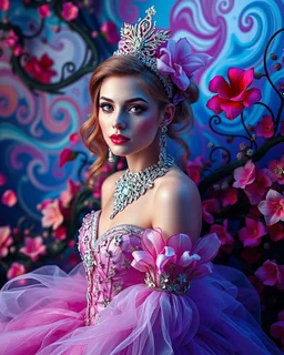 Gorgeous Realistic Photograph Pretty European Supermodel Beautiful, as Beautiful Princess Cinderella, a stunning adorned in vibrant luxury carnival attire,luxurious diamonds jewelrys,ethereal beauty, luxurious background, with swirling colors and fantastical tiny flowers, enchantment and grace, twisted vines, whimsical, surreal landscapes, emotive style, dreamlike quality, and magical realism, carnival red, ethereal pink, whimsical blue, vibrant green, celestial purple, golden amber, and shimmer