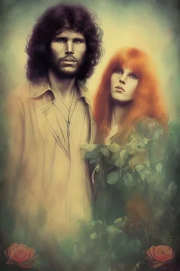 Jim Morrison and Pamela Courson ,music, ignoreNSFW, watermark, bohemian style , blurry,beautiful,elegant,roses, fantasy by ann dittman