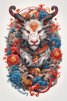 Colorfull Chinese Zodiac tattoo design , classic chinese art style, white background