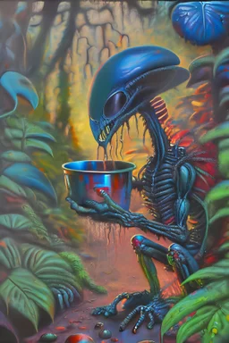 an extremely realistic highly-detailed Renessaince painting of a lean metallic xenomorph alien in the style of H R Giger holding a very tiny brown cup made of clay in his hand, red sunset, dark blue to green, thick jungle in the background, plants, leaves, tiny mushrooms on the ground, mud