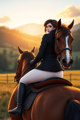 In a realistic, non-anime, cartoon style like Rubine by Walthery: Bust shot of 35-year old, bit chubby Scandinavian dark-haired mansion owner lady with green eyes, wearing equestrian attire with tight white pants and black or blue jacket, riding a high-class horse in Bavarian countryside in sunrise.
