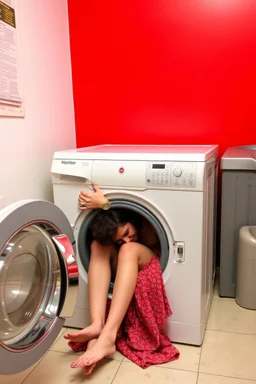 frau steckt kopf voran in waschmaschine fest und mann befreit sie