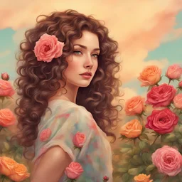Beautiful young woman with long curly hair on the background of a field of colorful roses