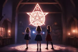 two teenagers summoning a demon in the shadows of a dorm, one is a cheerleader, the other is Hermione Granger young woman, the magician student. The demon stands in the center of a pentagram