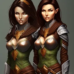 dungeons and dragons, female wood elf, druid, brown hair, brown eyes, full body, realistic face, short hair, large nose, closed mouth, leather armor, dark skin, one person, blue scarf