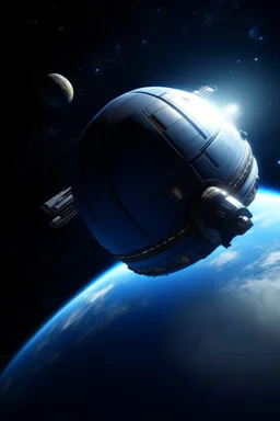 small spaceship floating in space, with a planet behind