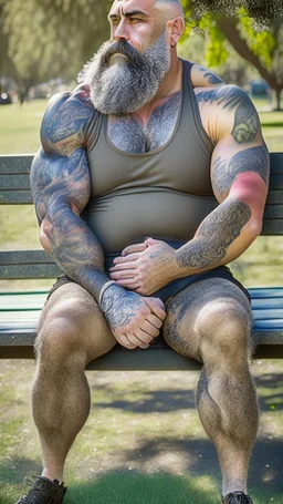 full body shot photography of a tanned ugly muscular sicilian burly big chubby man 45 years old, tattoo, shaved hairs, long beard, stained undershirt, grey boxer, manly chest, relaxing sitting on a bench in a public park, bullneck, outstretched arms, sunlight, photorealistic , relaxed eyes, ultra detailed, Canon EOS, 35mm lens, ground view, view from below