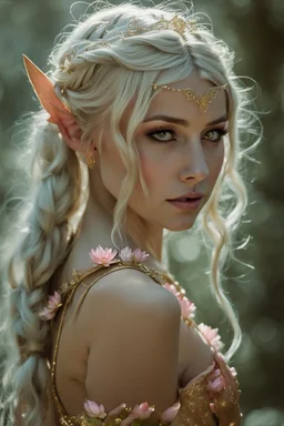 Pointed elven ears,Blonde hair ,Pink dress,Sparkling fairy wings,Very long golden hair,Fairy crown,pointed ears,elven ears,fairy wings,water lilies,sparkling,glittering,flowers,blossoms,golden crown,light pink dress