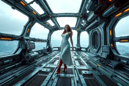 beautiful full body with long boots and midi dress lady in surreal sifi 30 th centurey space ship open air deck made of fractal random size modern mechanical metalic basic objects with helical colors,geers, in clothing similar to environment full body posing to camera