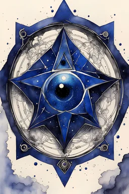 ink wash and watercolor illustration of the symbol of an ancient Catalan female vampire coven , in the form of highly detailed 12 sided star worked in lapis lazuli, with the all seeing eye at its center lapel pin, in the graphic novel style of Bill Sienkiewicz, Jean Giraud Moebius, and Enki Bilal