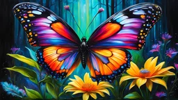 acrylic illustration, acrylic paint, oily sketch, glass butterfly, on neon flower in enchanted forest, ultra detailed, realistic, ral-dissolve, vivid colors, volumetric lighting,