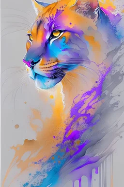 watercolor on transparent background paper, chromatic, zoom, very sharp, splash of colors on a white background, Mixed colors, Sharp detailed centred Puma, a detailed golden purple sunset fire style, Beach with light blue water, graffiti elements, powerful zen composition, dripping technique, & the artist has used bright, clean elegant, with blunt brown, 4k, detailed –n 9, ink flourishes, liquid fire, clean white background, zoom in,