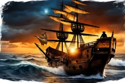 Pirate wearing eyepatch stands defiantly on a creaking wooden pirate ship deck, ocean horizon stretching behind, tattered sails billowing in the brisk sea wind, sunset casting an amber glow over the scene, high contrast, sharp textures, dramatic lighting, digital painting, crepystunning, cinematic