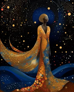 No corners drawing lines dots Kandinsky A full-body pretty African Asian moon goddess draped in flowing celestial fabric walks on water beneath a glowing full moon. Her gown unfurls like clouds, catching starlight and golden dust in the night air. The scene is surreal and divine, with painterly textures and a balance of shadow and illumination vertical Award winning imagery trompe l'oeil 3D surrealism masterpiece of Odilon Redon's dreamlike surrealism. kintsugi painting of abstract squares creat