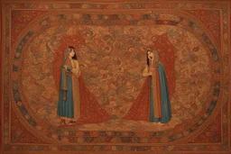 An intricate Iranian carpet from the Byzantine era in the center of the painting Beautiful gypsy girl.