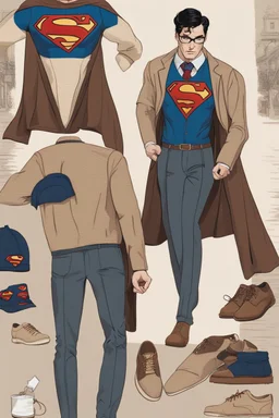 a Clark kent Superman winter fashion runway with modern clothes by Superman style clothes, embroidery elegant fashion beige tones