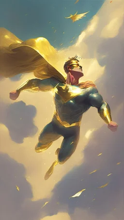 hero with golden clothes flying through the sky