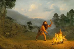 caveman holding a club, cave, cave bear, campfire, stone age, Impressionism, masterpiece, mellow, dawn,