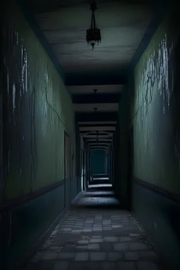 a long corridor with walls on both sides, with black paint falling off, both the walls tilting onto you with no exit to this corridor. the whole ttone is mystic and dark with a staitcase railing of wood covered with dark moss