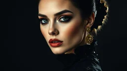 surreal fantasy magic fashion portrait, abstract art, surreal fantasy mixed media, raised amazingly beautiful fantasy fashion extravagant elegance lady portrait, film noir mood, cinematographic, dramatic, deep rich black colors, magic lighting, minimalism, few gold accents, vintage retro France mood,