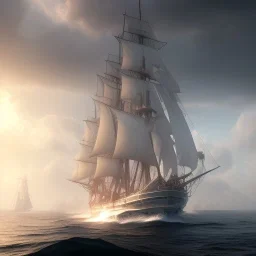 photo of a ultra realistic sailing ship, dramatic light, pale sunrise, cinematic lighting, battered, low angle, trending on artstation, 4k, hyper realistic, focused, extreme details, unreal engine 5, cinematic, masterpiece, art by studio ghibli, intricate artwork by john william turner