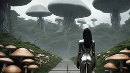 Wide-angle shot of a woman, standing on the right side of an alien beach, with dark hair in a silver robotic catsuit, lots of large floating mushrooms with long tentacles, alien jungle trees in the distance