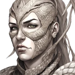 Human Warrior portrait with snake skin, snake eyes, scales on cheeks, no armor