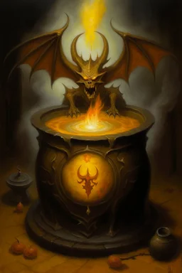 Living cauldron with yellow sigil, slightly demonic bat in it, prize winning oil painting