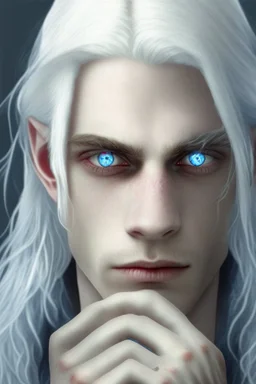 Realistic young man, long white hair covering one eye, blue eye, has rings on his hand, pale skin, slim bit fit