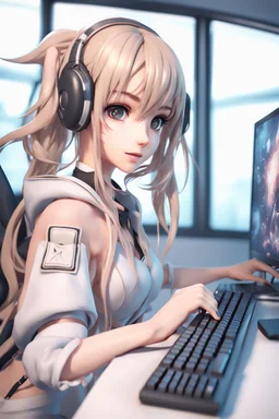 8k quality realistic image of a beautiful anime girl, gamer Infront of PC, up close, 3d