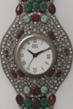 Silver wristwatch studded with precious stones containing the word jiks