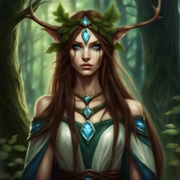 immagine fantasy di un elfo femmina druido della foresta con occhi verdi capelli castani lunghi e carnagione azzurro bianca