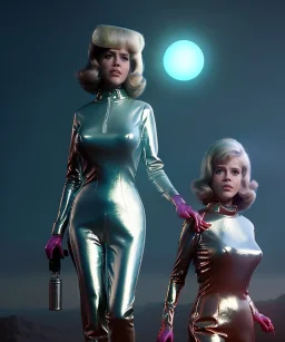 Ultra Realistic retro sci-fi image from 1960, many people looking to sweet young woman Jane Fonda, dress with tight latex coat and retro glass helmet, Retro sci-fi style, soft color, highly detailed, unreal engine 5, ray tracing, RTX, lumen lighting, ultra detail, volumetric lighting, 3d, finely drawn, high definition, high resolution.